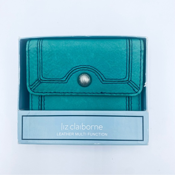 New Liz Claiborne Multi-Function Leather Wallet Turquois Blue / Green $38 Retail - Picture 2 of 7